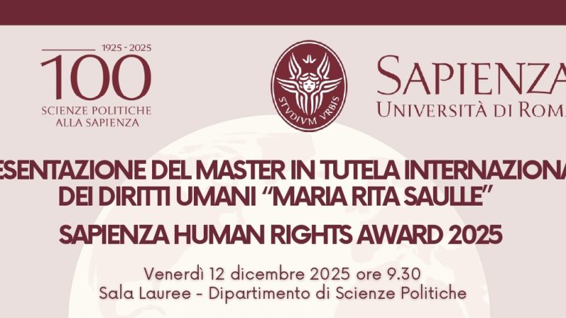 Appuntamento al 12 dicembre per la Presentazione del Master e il Sapienza Human Rights Award 2025
